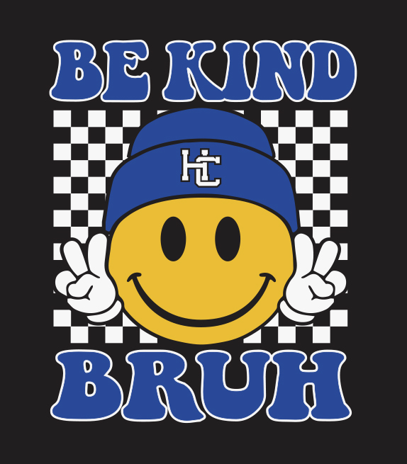 Yellow happy face with peace fingers, wearing a HC stocking cap, and caption, 